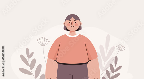 A minimalist illustration of a person with short hair in a coral shirt and grey pants