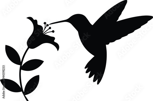 Minimalist black hummingbird hovering near a flower silhouette vector icon