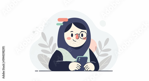 Cute character in hijab looking at a smartphone with abstract background