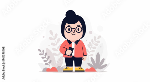 Stylized cartoon character with dark hair, glasses, and orange jacket holds a phone