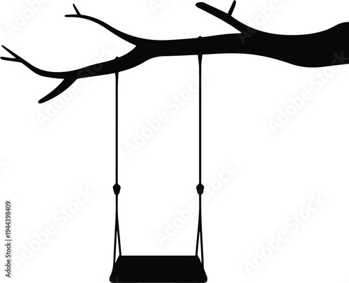 Minimalist black swing hanging from a tree branch silhouette vector icon