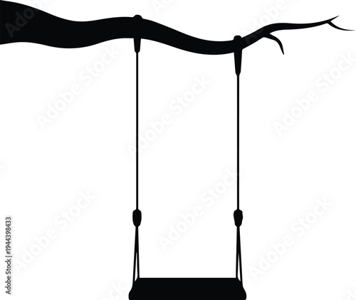 Minimalist black swing hanging from a tree branch silhouette vector icon