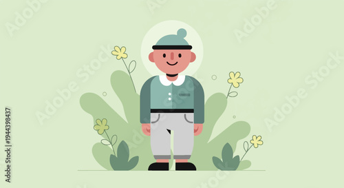 A cheerful, stylized person in a green hat and outfit stands amidst abstract green foliage and yellow flowers on a pale green background