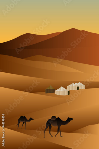 Minimalist vector illustration of a desert landscape featuring camels walking through sand dunes towards a nomadic tent camp at sunset.