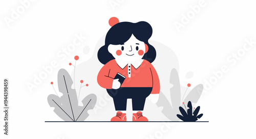 A stylized cartoon character with dark hair, rosy cheeks, and red shirt