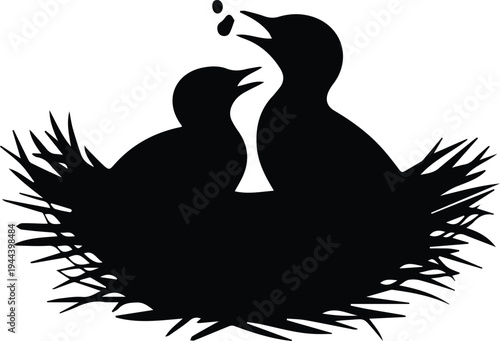 Minimalist black nest with two baby birds waiting for food silhouette vector icon