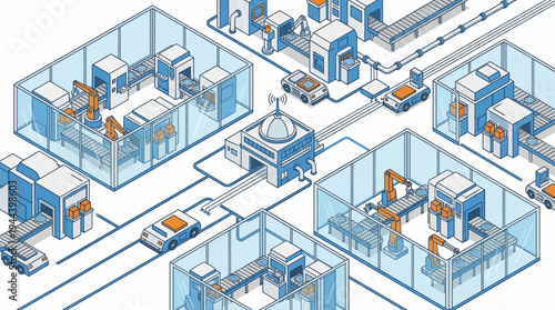 Industrial factory interior with workers and machinery.