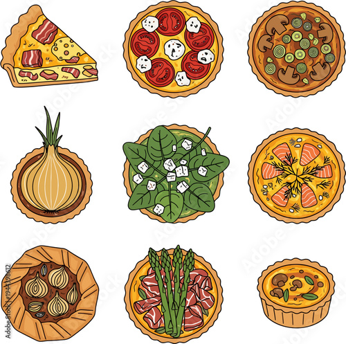 Nine different types of tarts and quiches displayed