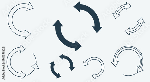 Assortment of curved and circular arrow icons in various styles, representing direction, refresh, rotation, and continuous flow for web interfaces and graphic design, in bright studio.