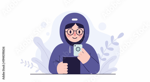 Person in hoodie with glasses taking picture on phone, holding tablet