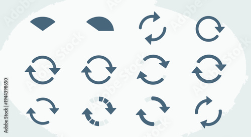 Collection of rounded refresh and reload arrow icons, symbolizing update, circular process, and continuous functionality for web and app interfaces, in bright studio.