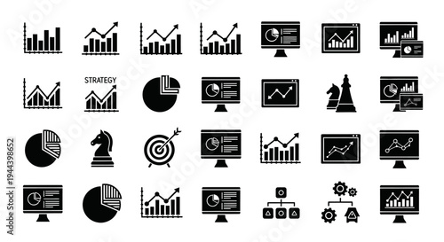 Extensive collection of business, analytics, and strategy icons featuring diverse charts, monitors, chess knight, target, and gears, ideal for data visualization and corporate planning, isolated