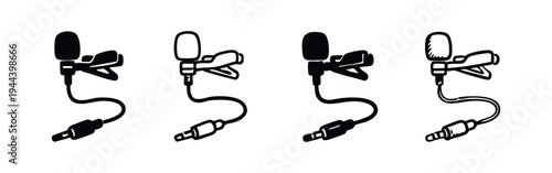 Lavalier Microphone with Clip and Jack Connector Icons Set