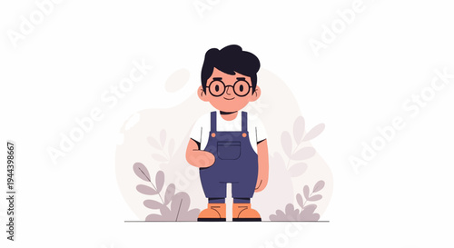 Cheerful young boy wearing glasses and overalls, standing amidst stylized foliage