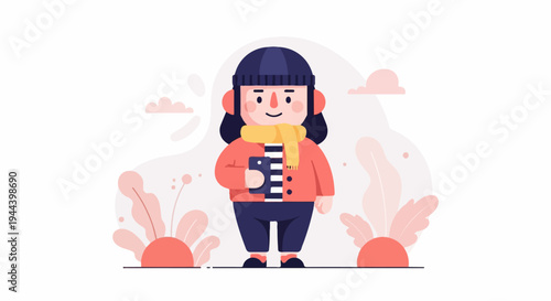 Flat design cartoon character in winter clothes holding a phone, surrounded by abstract plant shapes and clouds