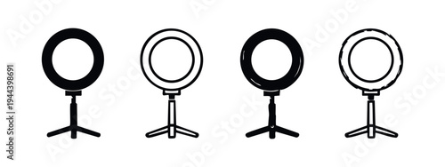 Ring Light Icon Set for Photography and Video. Studio Lighting Equipment Vector Illustration on Tripod.