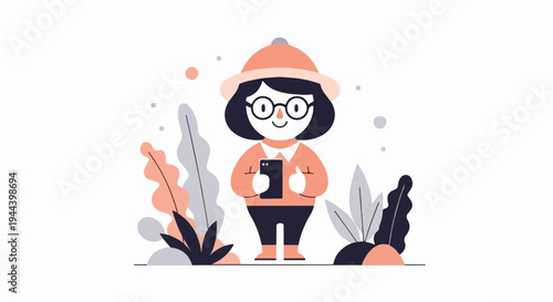Cheerful person wearing hat and glasses, holding phone surrounded by abstract plants