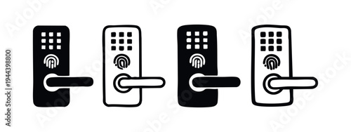 Smart Door Lock with Keypad and Fingerprint Scanner Icons Set