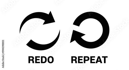 Two black circular arrow icons, one labeled 'REDO' and the other 'REPEAT', representing actions or functions.