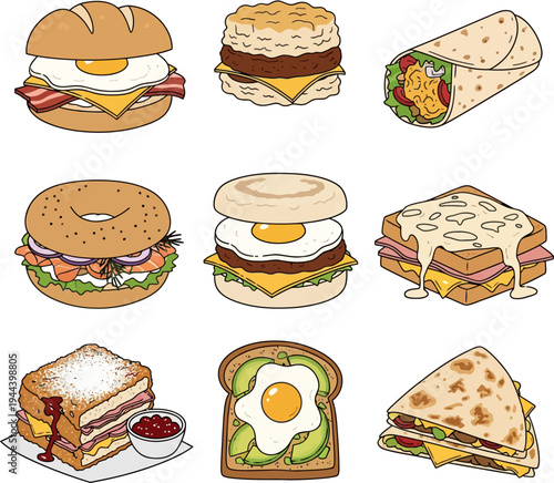 Nine different breakfast sandwiches and wraps