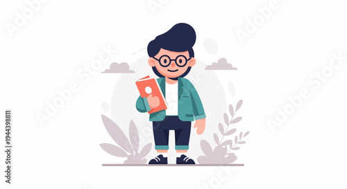 A young person with dark hair and glasses, dressed in casual attire, holds a book