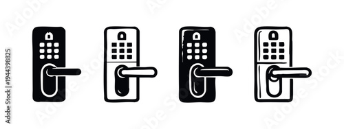 Hand drawn digital door lock icon set. Sketch style smart keyless entry system symbols in black and white.
