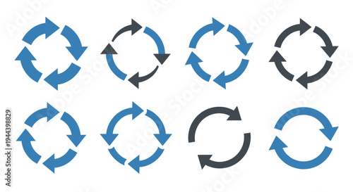 Collection of eight circular arrow icons in blue and dark grey, representing refresh, reload, cycle, and repeat actions.