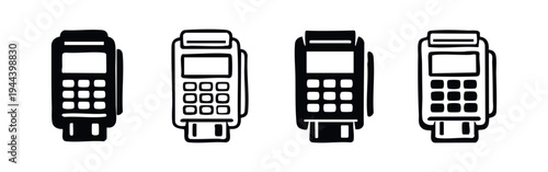 Hand drawn POS terminal icon set. Sketch style payment machine symbols for retail and financial transactions.
