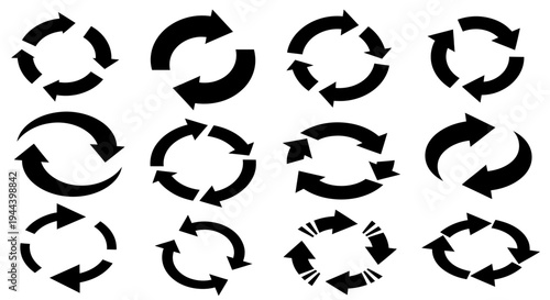 A collection of black circular arrow icons representing refresh, recycle, repeat, and reload actions.