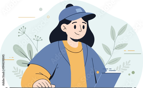 Young woman with laptop wearing casual clothes and a baseball cap, surrounded by abstract plants