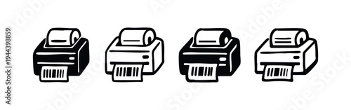 Hand drawn receipt printer icon set. Sketch style thermal printer symbols for retail transactions and invoices.