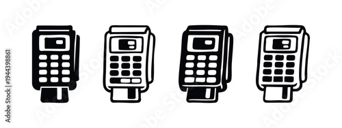 Hand drawn POS terminal icon set. Sketch style payment machine symbols for retail and financial transactions.