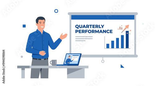 Confident Remote Worker Presenting Data To Client Flat Illustration