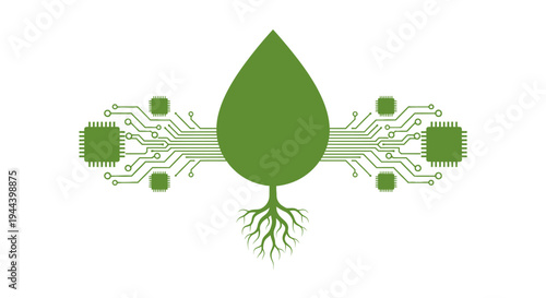 Green leaf with roots integrated into a circuit board design, symbolizing eco-friendly technology and sustainable innovation.