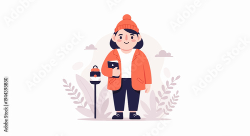 A person in orange jacket and hat stands next to a light post