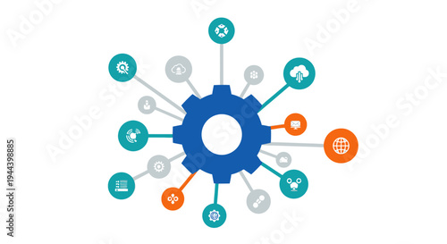 Blue Gear Icon with Interconnected Digital Service Icons Representing Centralized Cloud and Network Solutions on an Isolated White Background