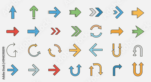 A comprehensive collection of colorful arrow icons in various styles, directions, and shapes for graphic design and user interface elements.