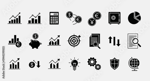 A comprehensive set of black and white business and finance icons, including charts, currency, banking, strategy, and security symbols.