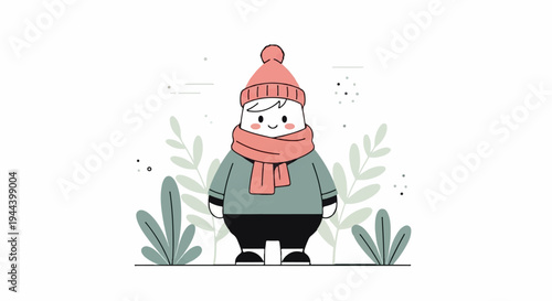 A cheerful, plump cartoon child dressed warmly for winter with a pink hat and scarf