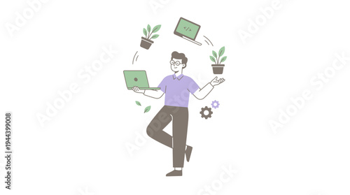 Remote Worker Juggling Work Life Balance Minimalist Flat Art