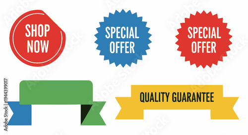 Collection of colorful promotional labels and banners including 'Shop Now', 'Special Offer', and 'Quality Guarantee' for marketing and sales campaigns.