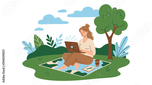 Digital Nomad Working Outdoors In Park Scenic Minimalist Flat Art