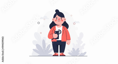 A person in an orange jacket holds a black phone, standing with stylized plants