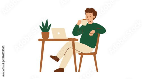 Relaxed Remote Professional Enjoying Coffee Break Simple Flat Illustration