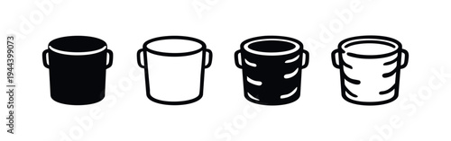 Bucket or Pail Icons Set with Handles, Storage and Utility Container Vector Illustration