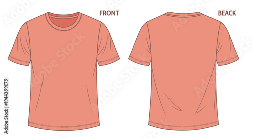 Plain peach short-sleeve t-shirt vector illustration, showing front and back views for apparel design.