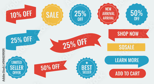 Collection of various colorful sale and discount badges, labels, and banners for marketing and e-commerce promotions.
