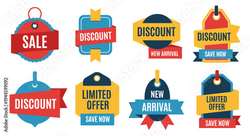 Collection of Colorful E-commerce Discount and Sale Price Tags with Promotional Text on an Isolated White Background