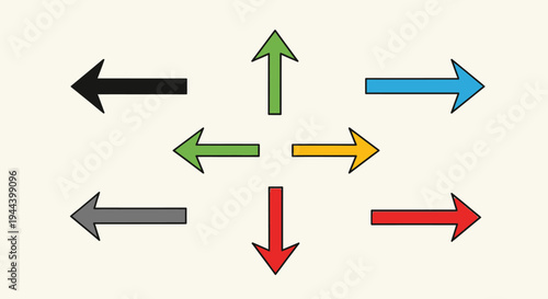 A visual representation of multiple colored arrows pointing in different directions on a plain background.