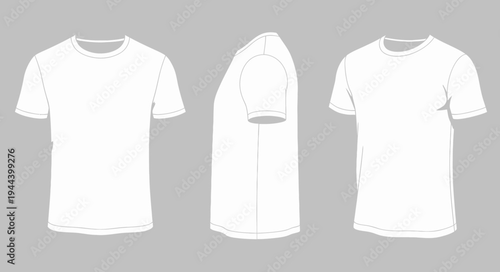 Naklejka premium Three blank white t-shirts displayed from front, side, and angled views for design mockups.